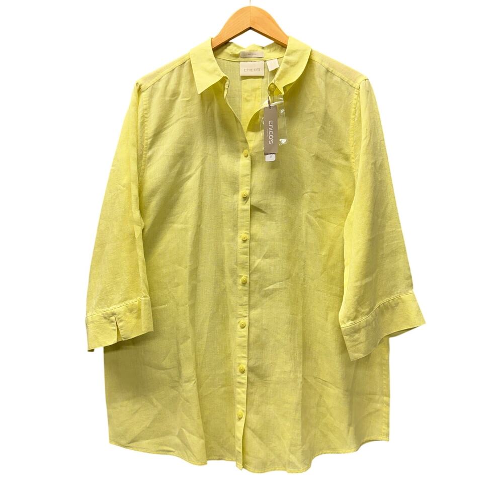 Chico's Linen Tunic Womens Large Button Up‎ No Iron Blouse Soft Lime Yellow NEW